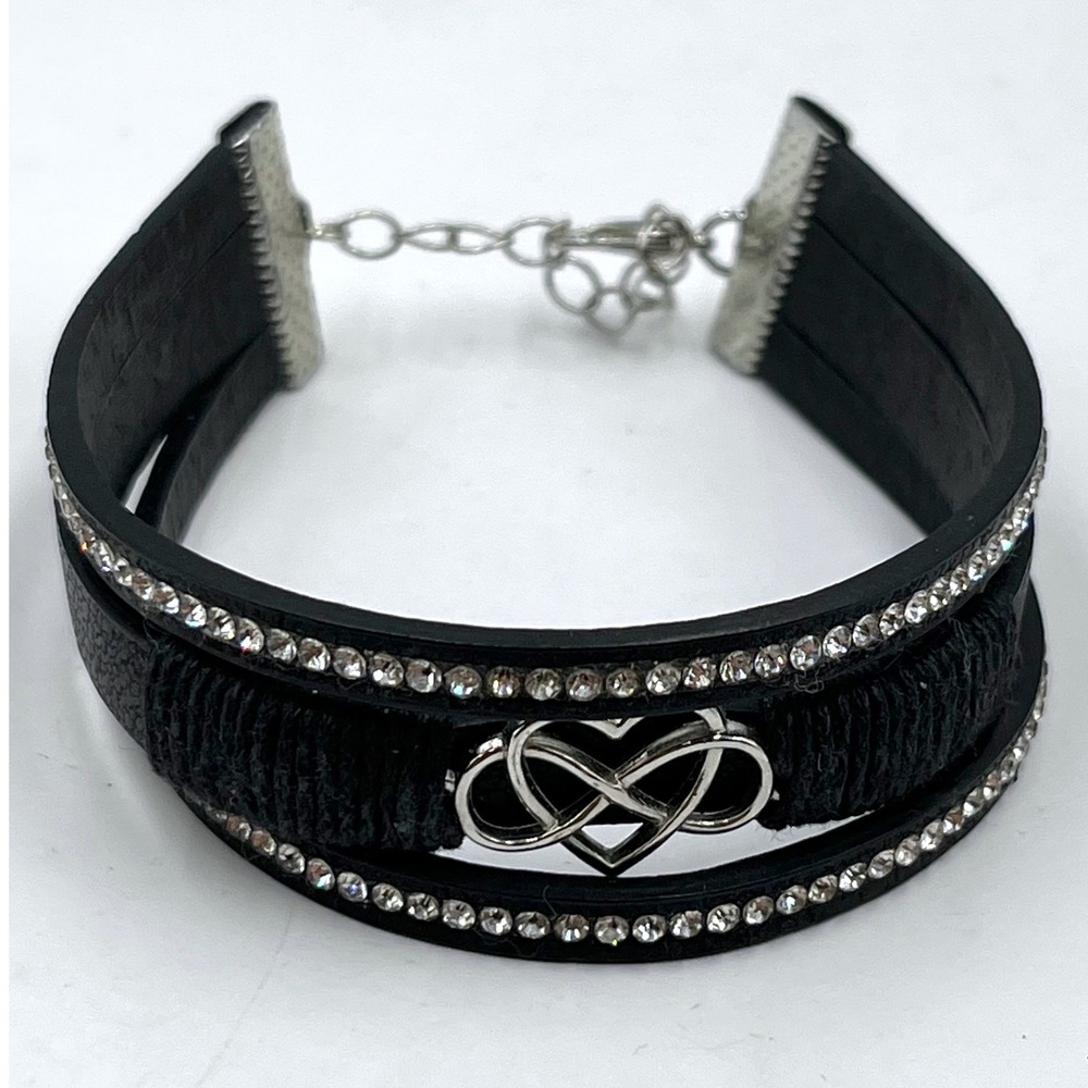 Vintage Black Leather Rhinestone Infinity Heart Bracelet‎ Silver Tone Adjustable
